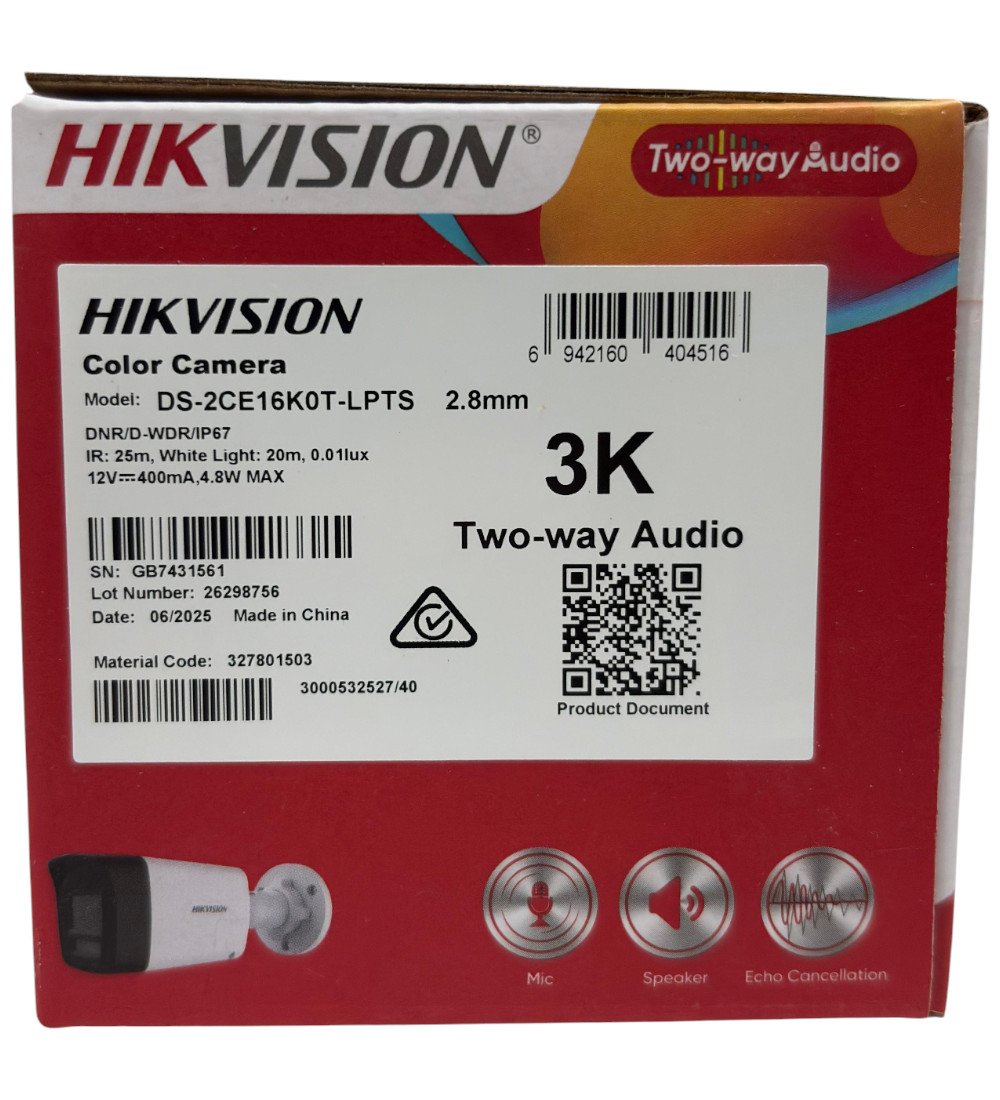 Cámara Bullet Mini Hikvision 3K con Audio DS-2CE16K0T-LPTS